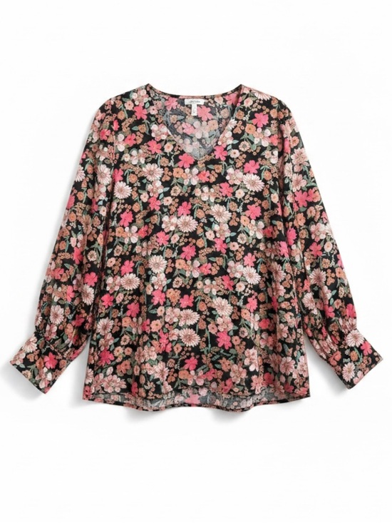JODIFL Tops - Jodifl Black Floral Chiffon V-Neck Long Sleeve Tunic Top Size Large